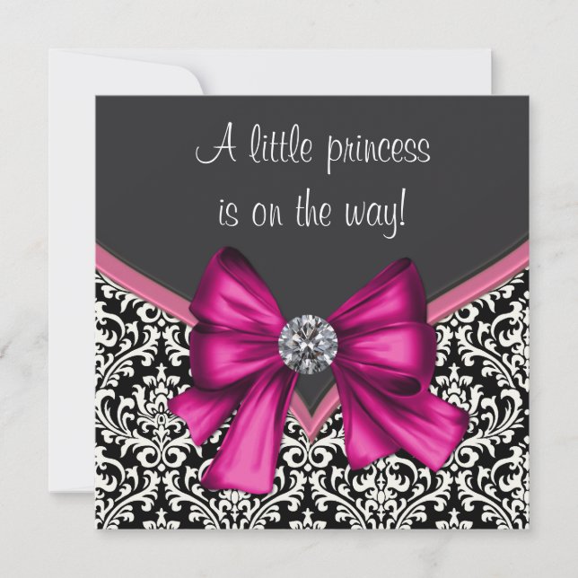 Invitation Élégant Baby shower princesse Hot rose noir Damask (Devant)