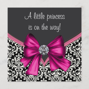 Invitation Élégant Baby shower princesse Hot rose noir Damask