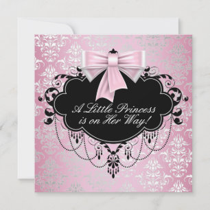 Invitation Élégant Baby shower princesse noire rose argent