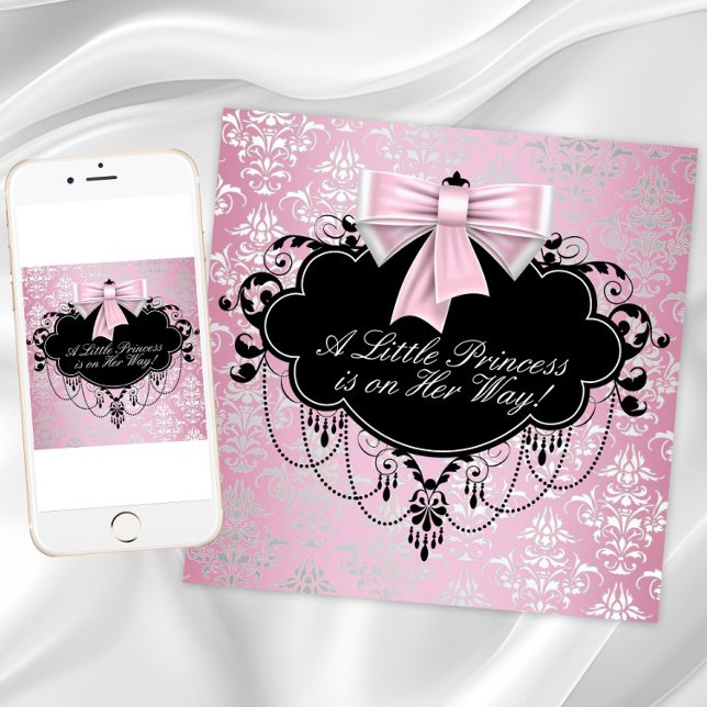 Invitation Élégant Baby shower princesse noire rose argent (Pink and black baby shower invitation. Add your text to front and back. Download and printed.)