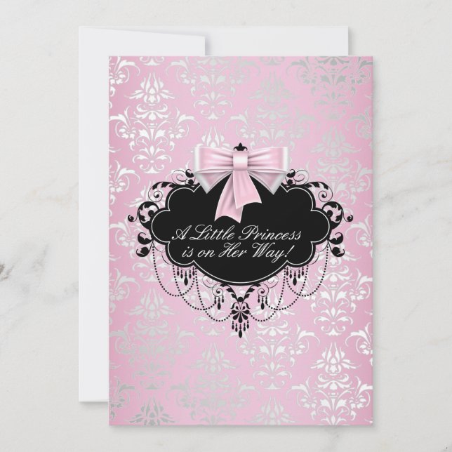 Invitation Élégant Baby shower princesse noire rose argent (Devant)