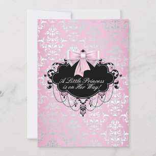 Invitation Élégant Baby shower princesse noire rose argent