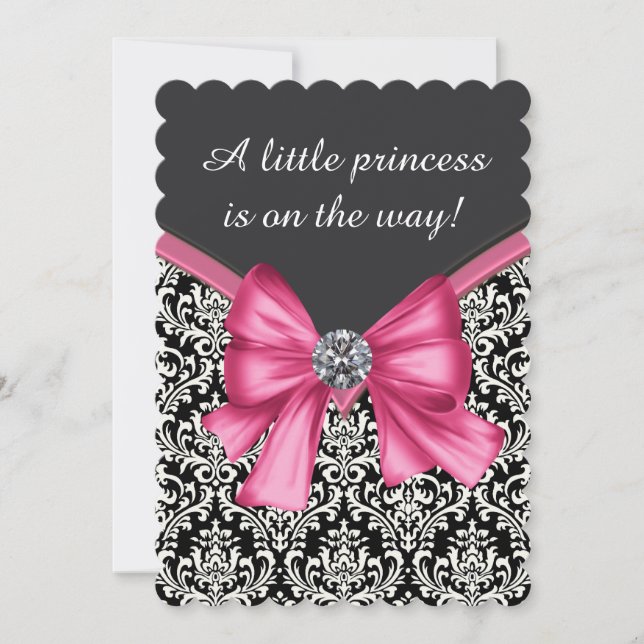 Invitation Élégant Baby shower princesse rose noir Damas (Devant)