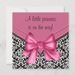 Invitation Élégant Baby shower princesse rose noir Damas