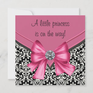 Invitation Élégant Baby shower princesse rose noir Damas