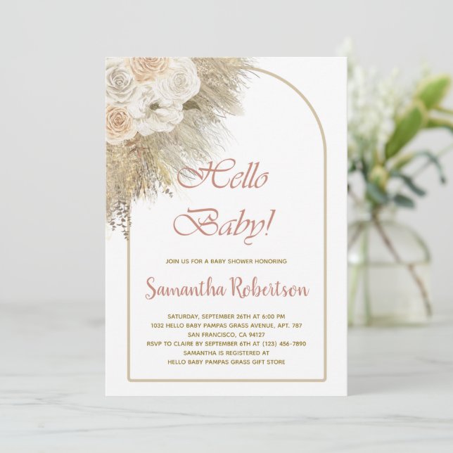 Invitation Elégant Baby shower Rose de Pampas Grass Bohème (Debout devant)