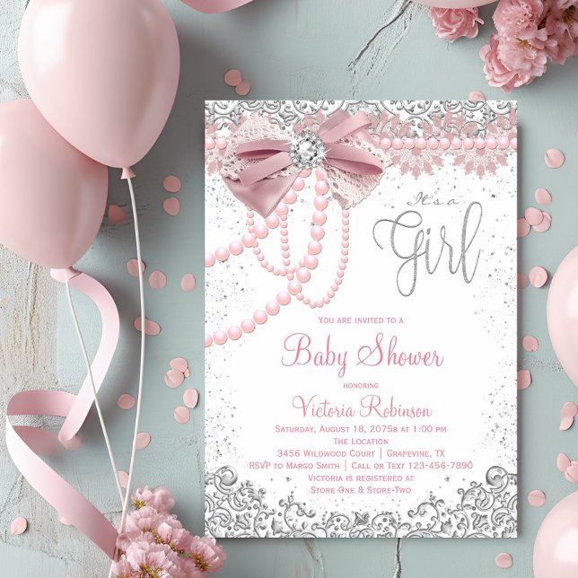 Invitation Elégant Baby shower rose Diamant Perle rose Fille (Blush Pink Diamond Pearl Girly Baby Shower Invitation. )