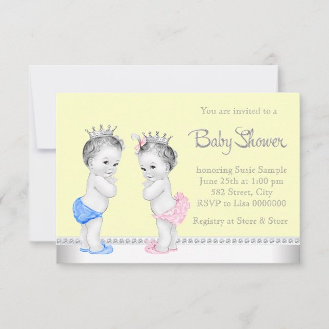 Invitation Elégant Baby shower rose et bleu Twins (Devant)