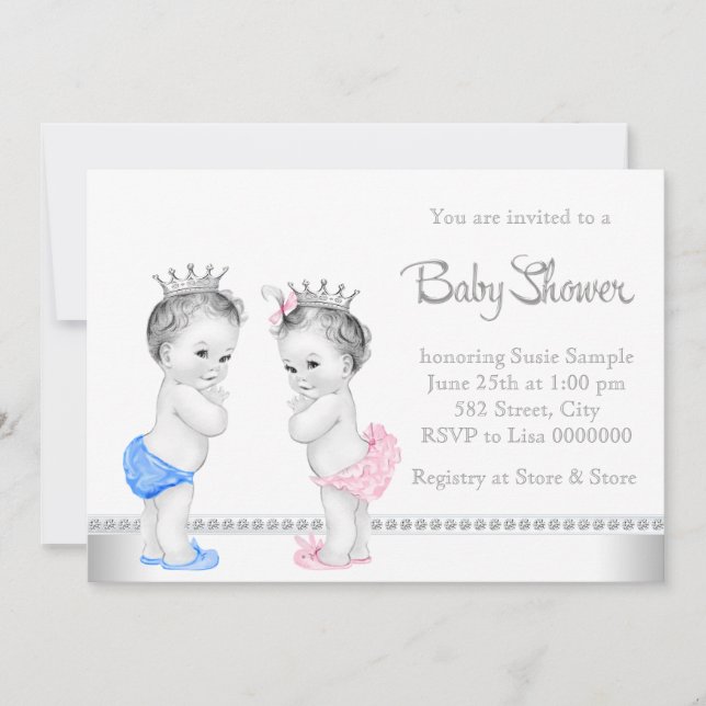 Invitation Elégant Baby shower rose et bleu Twins (Devant)