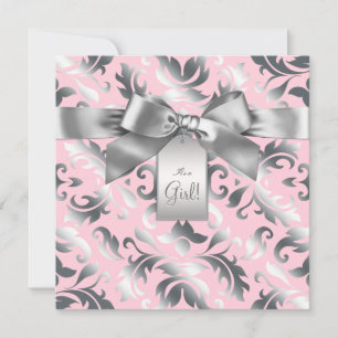 Invitation Elégant Baby shower rose et gris damassé