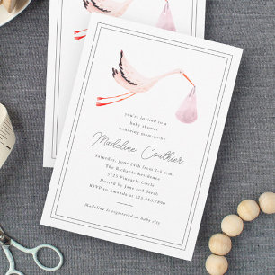 Invitation Elégant Baby shower rose Filles de cigogne