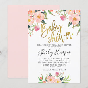 Invitation Élégant Baby shower rose Floral Gold Script