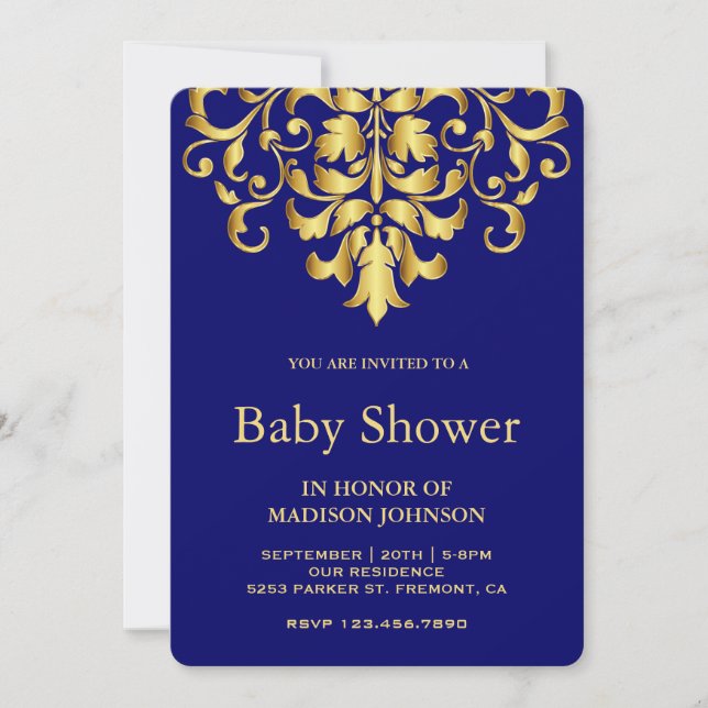 Invitation Elégant Baby shower Royal Blue Gold Damask (Devant)