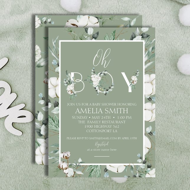 Invitation Élégant Baby shower Sage Floral Oh Boy (Créateur téléchargé)
