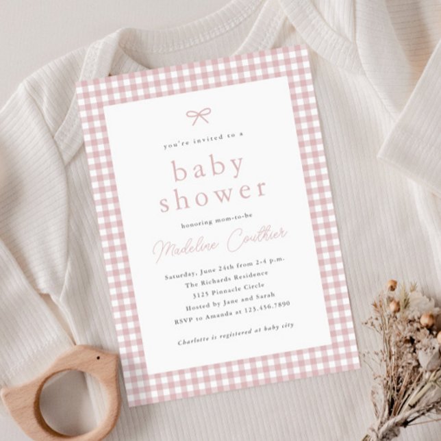 Invitation Élégant Baby shower simple Dusty Rose Girls (Gingham check dusty pink girls baby shower invitation.)