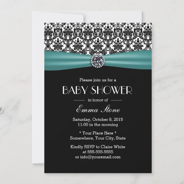 Invitation Élégant Baby shower Turquoise en ruban Damask (Devant)