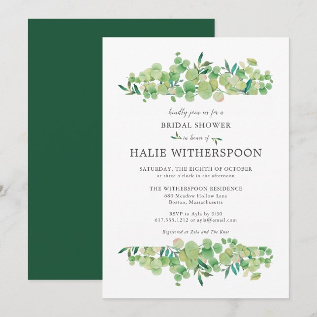 Invitation Élégant Bain de Mariée Feuillage d'Eucalyptus (Devant / Derrière)