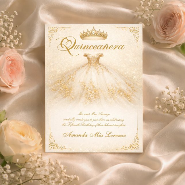 Invitation Elegant Ball Gown | Ivory & Gold Quinceanera (Créateur téléchargé)