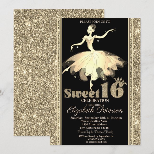 Invitation Elégant Ballerina Gold Parties scintillant Sweet 1 (Devant / Derrière)