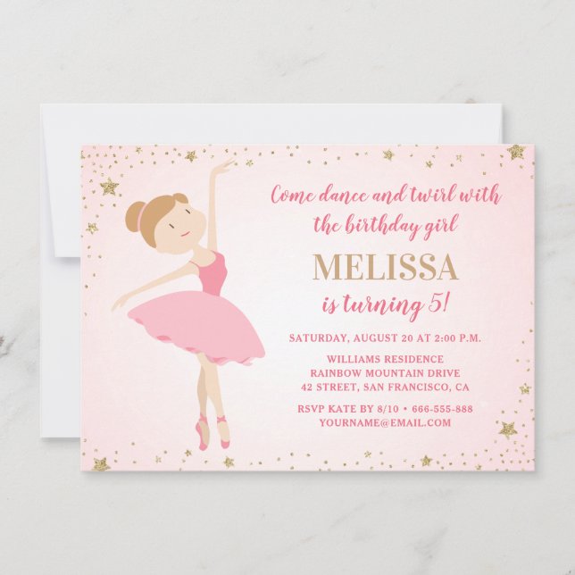 Invitation Élégant Ballerina Rose Gold Stars | Fille Annivers (Devant)