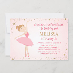 Invitation Élégant Ballerina Rose Gold Stars Fille Annivers