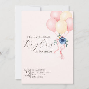 Invitation Élégant ballon rose floral premier anniversaire
