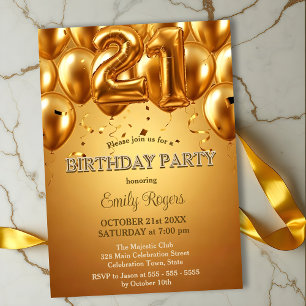 Invitation Élégant Ballons à huile d'or éblouissant 21e anniv