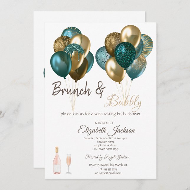 Invitation Elégant Ballons Brunch & Fête des mariées Bubbly (Devant / Derrière)