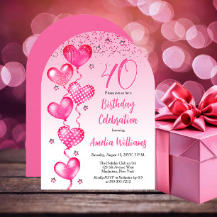 Invitation Élégant Ballons de Coeur Rose 40e anniversaire fêt
