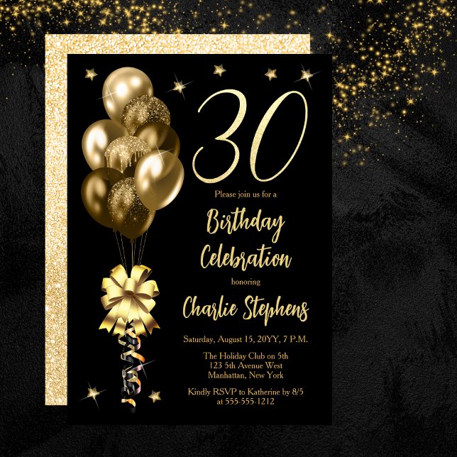 Invitation Elégant Ballons d'or sur Black 30th Birthday Party (Elegant Gold-Toned Balloons on Black 30th Birthday Party Invitation)