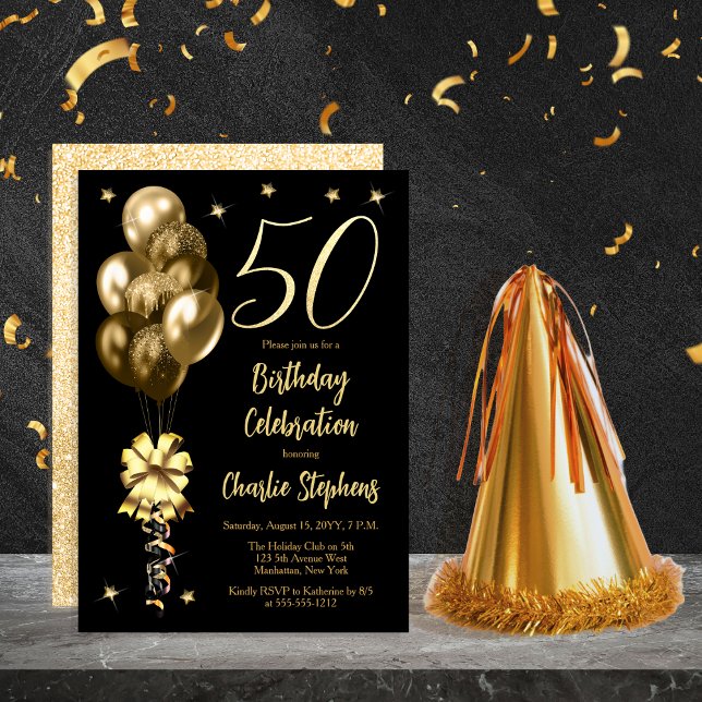 Invitation Elégant Ballons d'or sur Black 50th Birthday Party (Elegant Gold-Toned Balloons on Black Dramatic 50th Birthday Invitation)