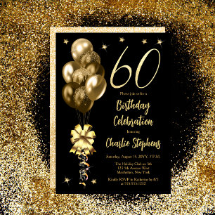 Invitation Elégant Ballons d'or sur Black 60th Birthday Party