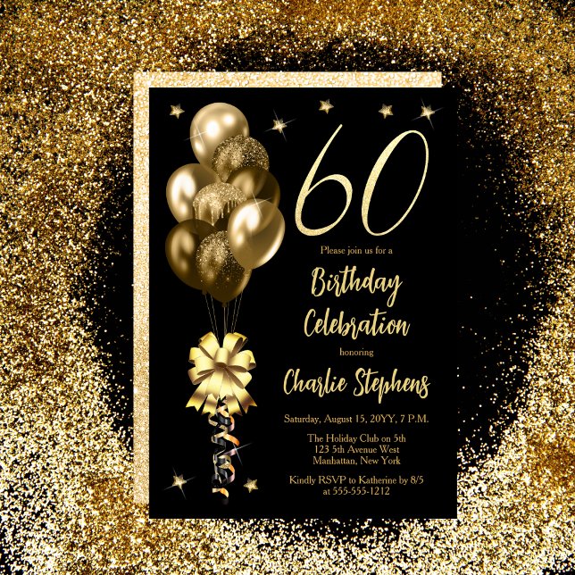 Invitation Elégant Ballons d'or sur Black 60th Birthday Party (Elegant Gold-Toned Balloons on Black 60th Birthday Party Invitation)