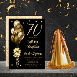 Invitation Elégant Ballons d'or sur Black 70th Birthday Party<br><div class="desc">Ballons d'or à fausse parties scintillant élégante avec grand arc et banderoles et étoiles d'accent "70" 70e anniversaire invitation de fête.</div>