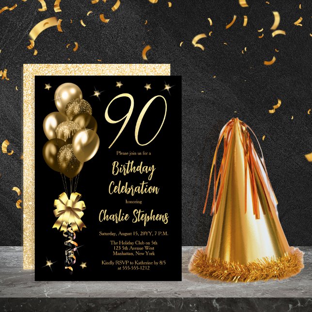 Invitation Elégant Ballons d'or sur Black 90th Birthday Party (Elegant Gold-Toned Balloons on Black 90th Birthday Party Invitation)