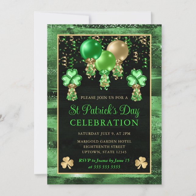 Invitation Elégant Ballons Vert et Or St Patrick's Day (Devant)