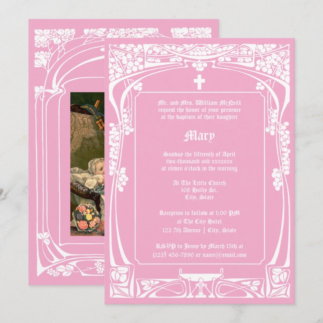 Invitation Élégant Baptême Art Nouveau (Devant / Derrière)