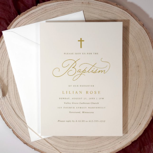 Invitation Élégant Baptême Beige Champagne Script Cross (Light beige baptism invitation with gold cross and script—timeless and personalized.)