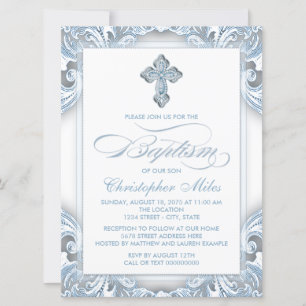Invitation Élégant Baptême Bleu Argent