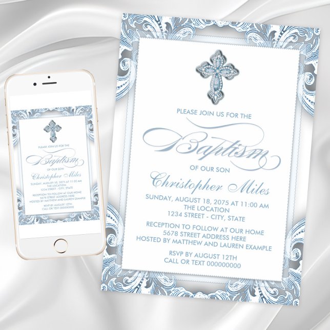 Invitation Élégant Baptême Bleu Argent (Blue and silver cross baptism invitation with script and cross on swirl back. Digital and print.)