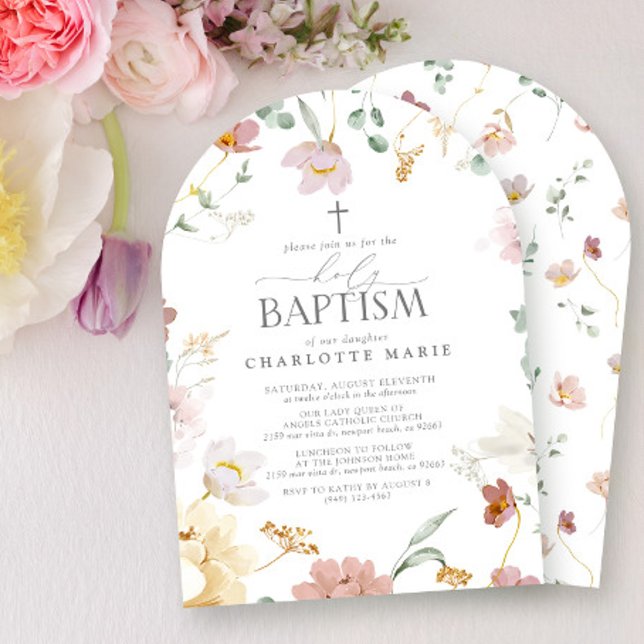 Invitation Élégant Baptême Bleu Rose Aquarelle Fleurs (Créateur téléchargé)