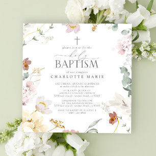 Invitation Élégant Baptême Bleu Rose Aquarelle Fleurs
