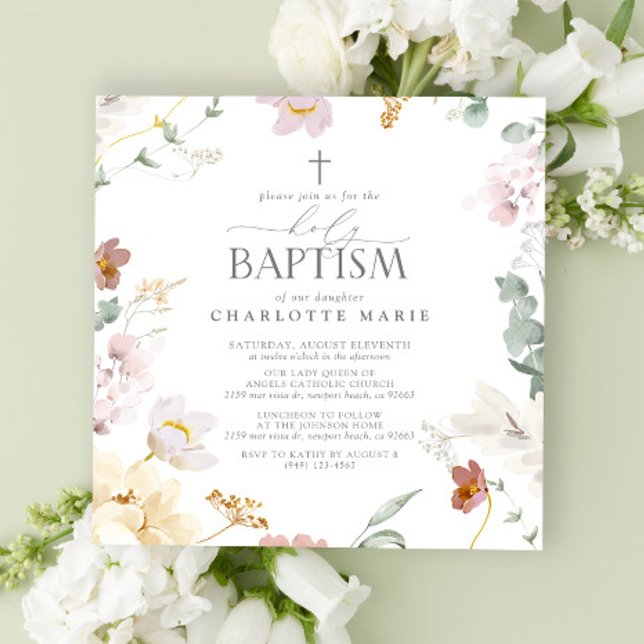 Invitation Élégant Baptême Bleu Rose Aquarelle Fleurs (Holy Baptism Invitation!)