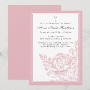 Invitation Élégant Baptême Blush ligne rose tiré floral