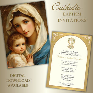 Invitation Élégant baptême catholique Marie Jésus Or