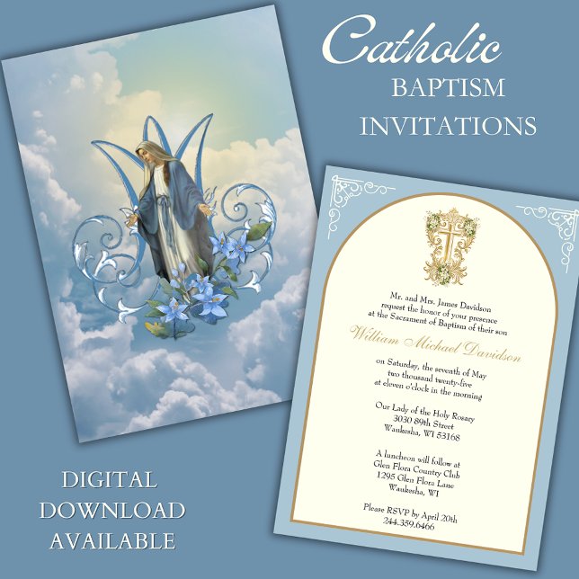 Invitation Élégant baptême catholique Mary Blue Floral (Créateur téléchargé)