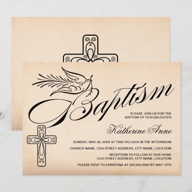 Invitation Élégant Baptême Croix et Colombe Écriture Vintage (Devant / Derrière)