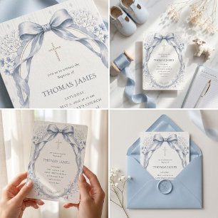Invitation Élégant baptême de bébé garçon à l'arc en bleu pou