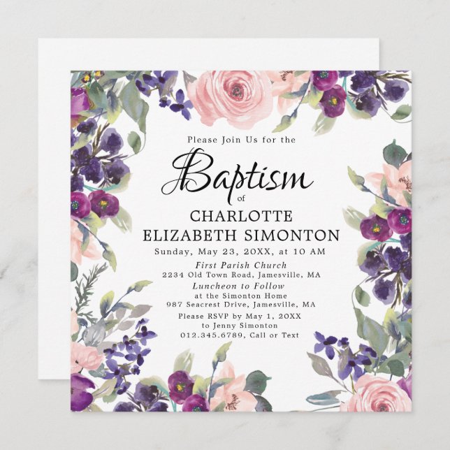 Invitation Élégant Baptême de Carré Floral Rose Pretty (Devant / Derrière)