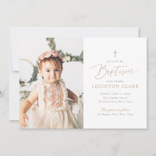 Invitation Élégant Baptême de fille rose et or (Devant)